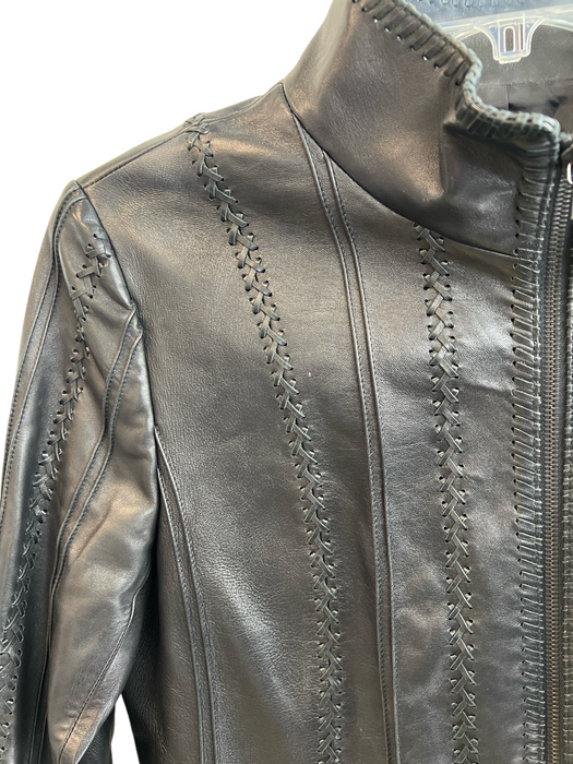 Lafayette 148 Size 14 Black Leather Stitch Detail Zip Up Whipstitch Jacket Black / 14