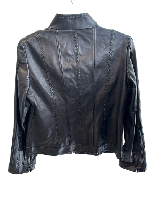 Lafayette 148 Size 14 Black Leather Stitch Detail Zip Up Whipstitch Jacket Black / 14