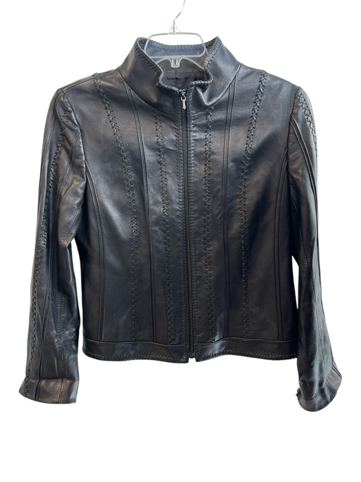 Lafayette 148 Size 14 Black Leather Stitch Detail Zip Up Whipstitch Jacket Black / 14