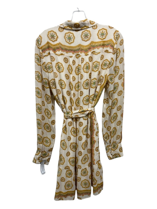 Paige Size M Cream & Yellow Print Silk Abstract Button Up Collar Dress Cream & Yellow Print / M