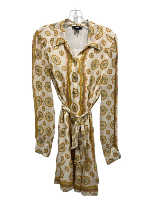 Paige Size M Cream & Yellow Print Silk Abstract Button Up Collar Dress Cream & Yellow Print / M