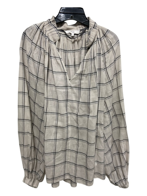 Tibi Size 6 Taupe & Gray Cotton Boxy Fit Plaid Long Sleeve V Neck Top Taupe & Gray / 6