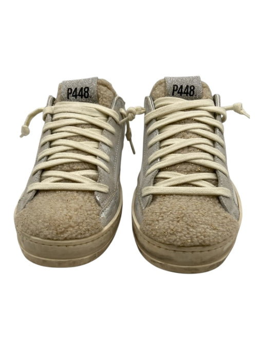 P448 Shoe Size 38 White, Gray, Beige Leather Shearling Detail Lace Up Sneakers White, Gray, Beige / 38