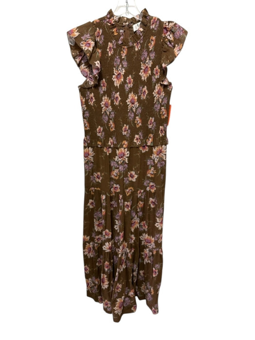 Sea New York Size 6 Brown, Orange, Multi Cotton Ruffle Cap Sleeve Midi Dress Brown, Orange, Multi / 6