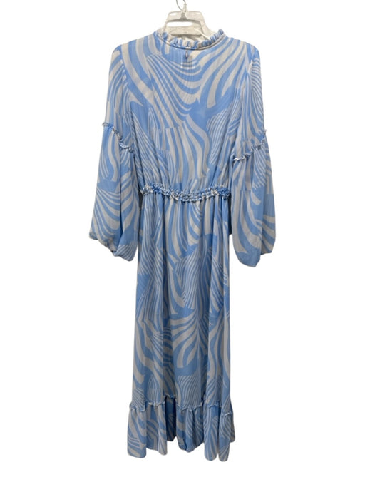 Misa Size S Blue & Cream Polyester Long puff sleeve Abstract Print Midi Dress Blue & Cream / S