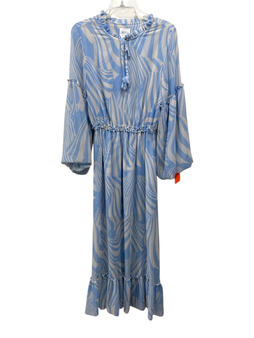 Misa Size S Blue & Cream Polyester Long puff sleeve Abstract Print Midi Dress Blue & Cream / S