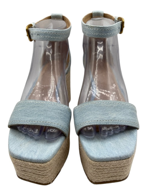 Veronica Beard Shoe Size 7.5 Light Blue & Beige Denim Ankle Buckle Sandal Wedges Light Blue & Beige / 7.5