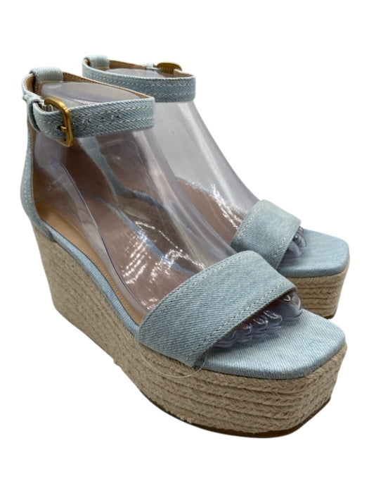 Veronica Beard Shoe Size 7.5 Light Blue & Beige Denim Ankle Buckle Sandal Wedges Light Blue & Beige / 7.5