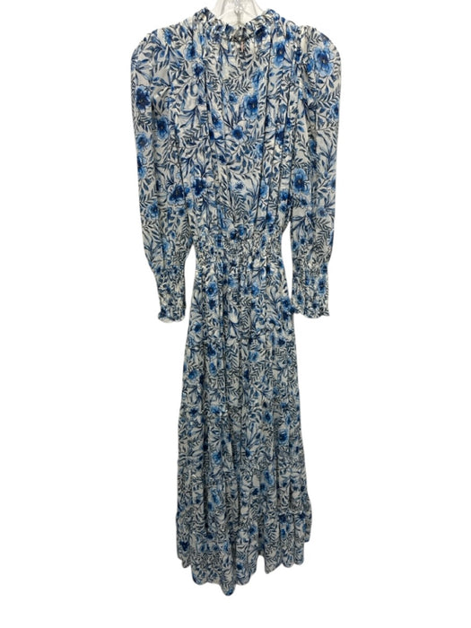 Misa Size S Off White & Blue Polyester floral print Long Balloon Sleeve Dress Off White & Blue / S