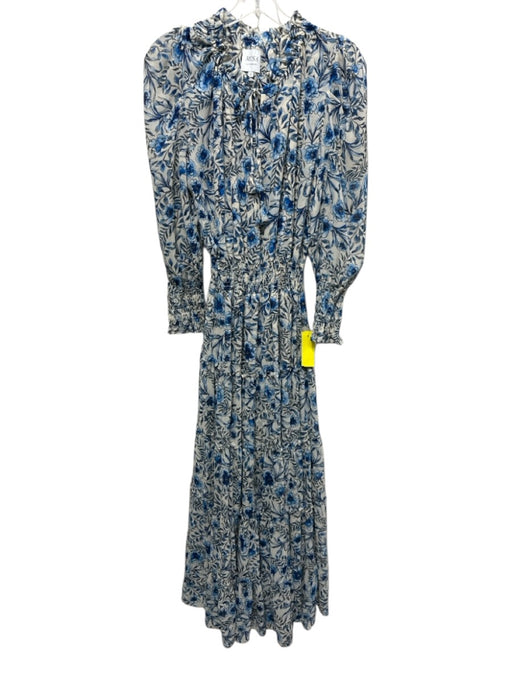 Misa Size S Off White & Blue Polyester floral print Long Balloon Sleeve Dress Off White & Blue / S