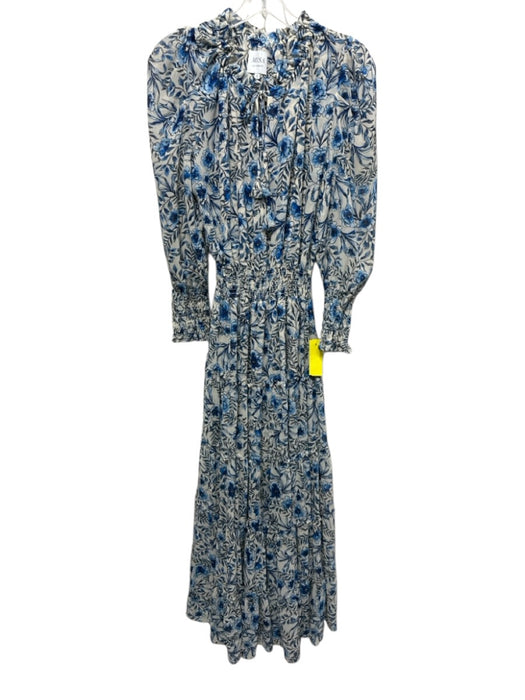 Misa Size S Off White & Blue Polyester floral print Long Balloon Sleeve Dress Off White & Blue / S