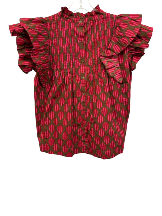 Oliphant Size S Red, Purple, Brown Cotton Stripe Ruffle Cap Sleeve pleats Top Red, Purple, Brown / S