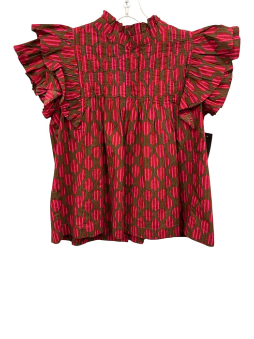 Oliphant Size S Red, Purple, Brown Cotton Stripe Ruffle Cap Sleeve pleats Top Red, Purple, Brown / S