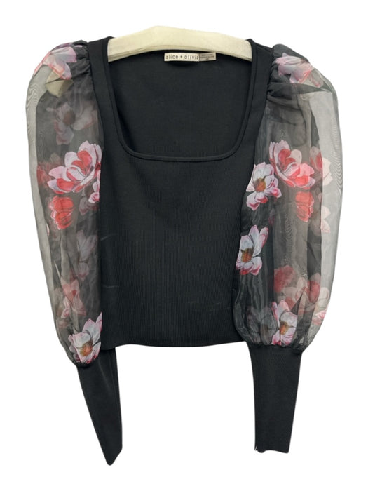 Alice + Olivia Size M Black & Multi Viscose Blend Long Sheer Sleeves Floral Top Black & Multi / M