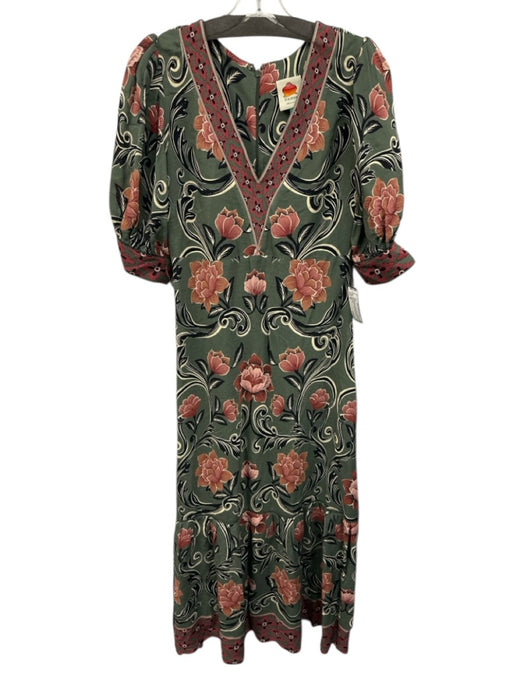 Farm Size M Green & Multi Viscose Short Puff Sleeve Maxi Floral V Neck Dress Green & Multi / M