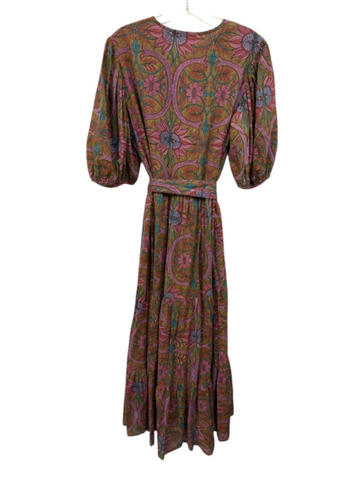 Oliphant Size M brown, purple, multi Cotton Short Puff Sleeve Split Neck Dress brown, purple, multi / M