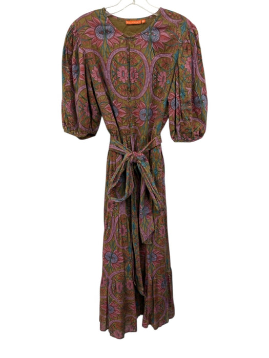 Oliphant Size M brown, purple, multi Cotton Short Puff Sleeve Split Neck Dress brown, purple, multi / M