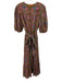 Oliphant Size M brown, purple, multi Cotton Short Puff Sleeve Split Neck Dress brown, purple, multi / M