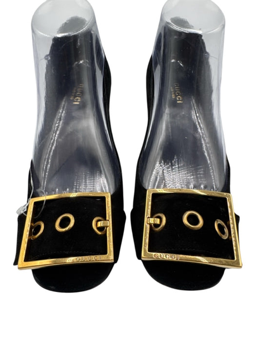 Gucci Shoe Size 38 Black Suede leather Block Heel Buckle Gold Hardware Pumps Black / 38