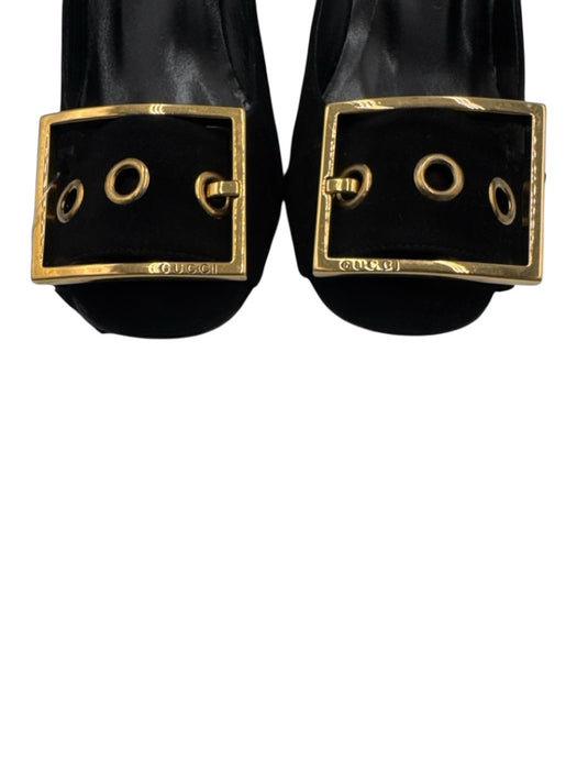 Gucci Shoe Size 38 Black Suede leather Block Heel Buckle Gold Hardware Pumps Black / 38