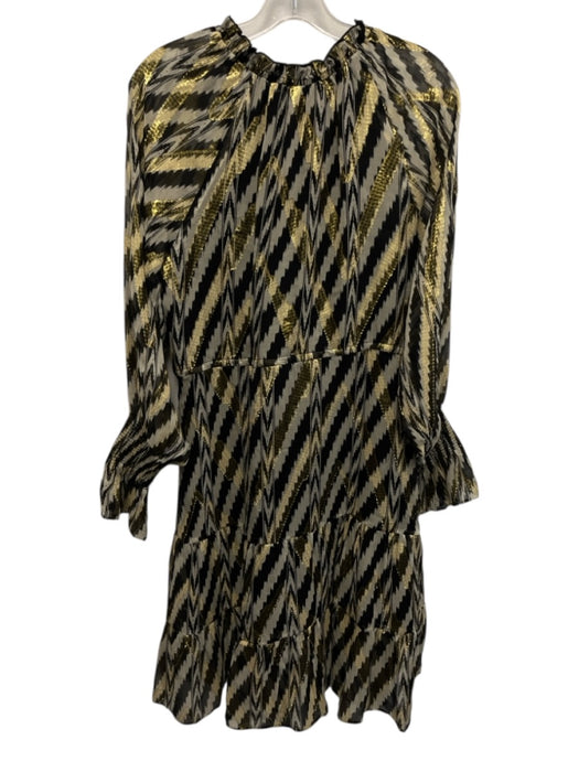 Figue Size S Black, Beige & Brown Silk & Metallic V Neck Abstract Tiered Dress Black, Beige & Brown / S