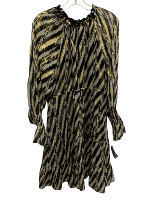 Figue Size S Black, Beige & Brown Silk & Metallic V Neck Abstract Tiered Dress Black, Beige & Brown / S