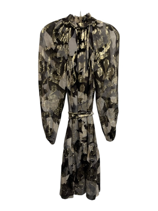 Kobi Halperin Size S Gray, Black & Gold Silk & Metallic Ruffle Neck Midi Dress Gray, Black & Gold / S