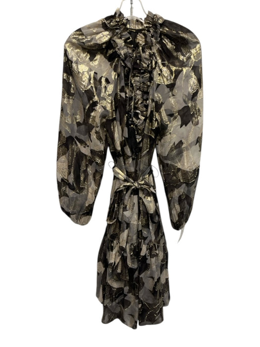 Kobi Halperin Size S Gray, Black & Gold Silk & Metallic Ruffle Neck Midi Dress Gray, Black & Gold / S