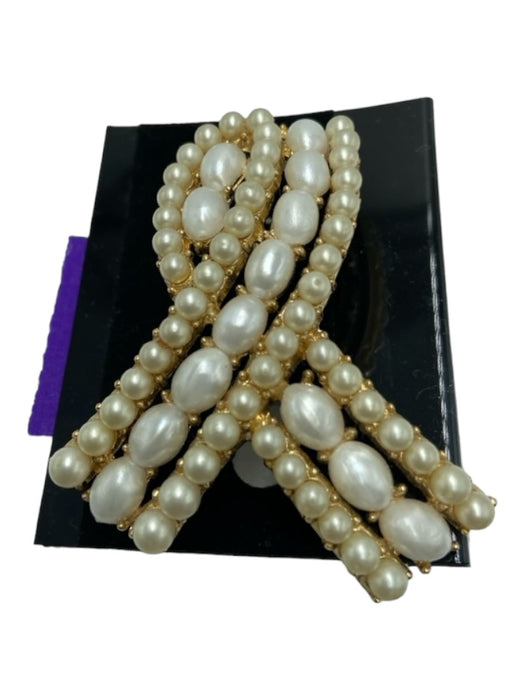 Trifari Gold & White Gold Toned Faux Pearl Ribbon Shape Pin Closure Brooch Gold & White