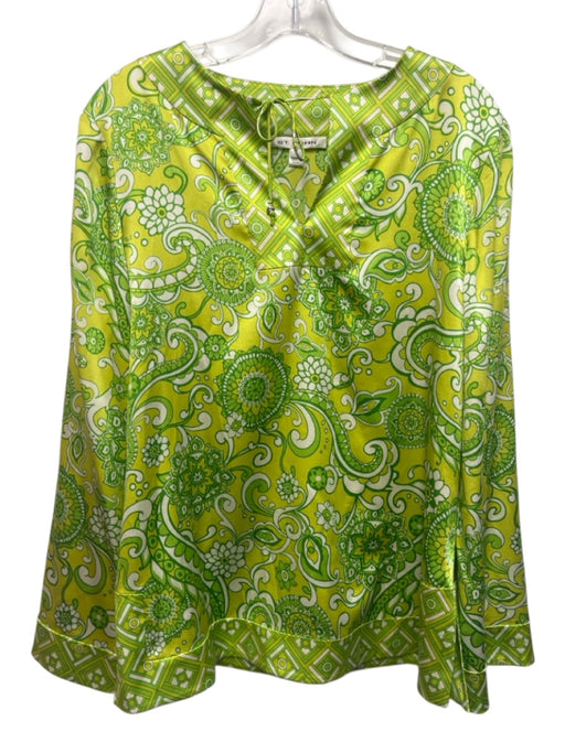 St. John Size S Green & Yellow Silk Blend Long Sleeve Floral & Geometric Top Green & Yellow / S