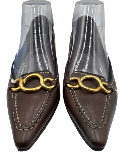 Prada Shoe Size 38 Brown & Gold Leather Pointed Toe Gold Hardware Pumps Brown & Gold / 38