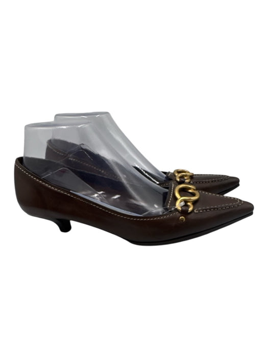 Prada Shoe Size 38 Brown & Gold Leather Pointed Toe Gold Hardware Pumps Brown & Gold / 38