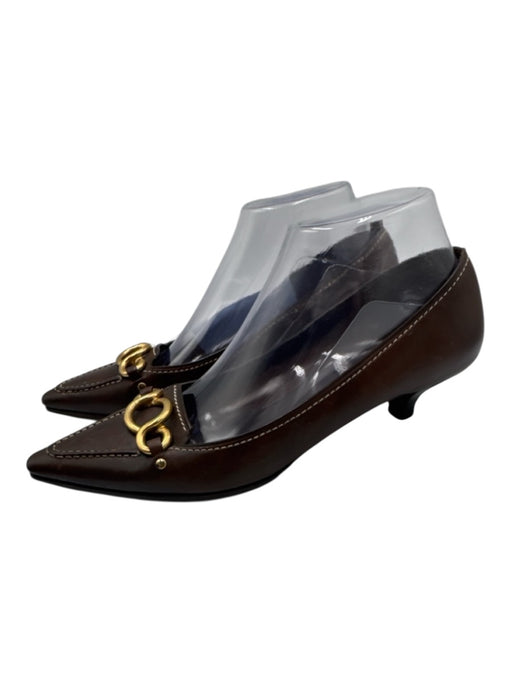 Prada Shoe Size 38 Brown & Gold Leather Pointed Toe Gold Hardware Pumps Brown & Gold / 38