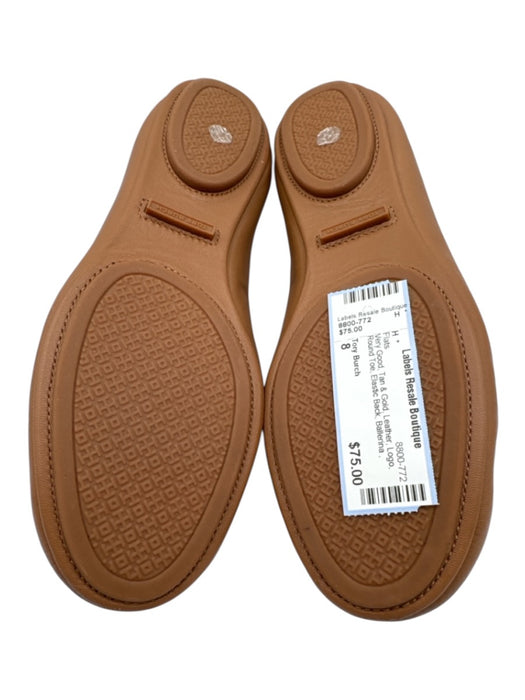Tory Burch Shoe Size 8 Tan & Gold Leather Logo Round Toe Elastic Back Flats Tan & Gold / 8