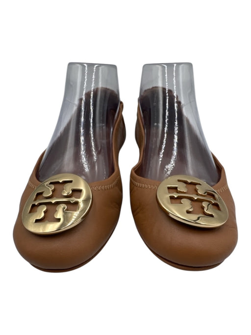 Tory Burch Shoe Size 8 Tan & Gold Leather Logo Round Toe Elastic Back Flats Tan & Gold / 8