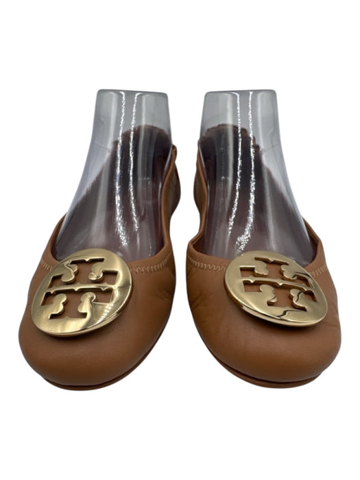 Tory Burch Shoe Size 8 Tan & Gold Leather Logo Round Toe Elastic Back Flats Tan & Gold / 8