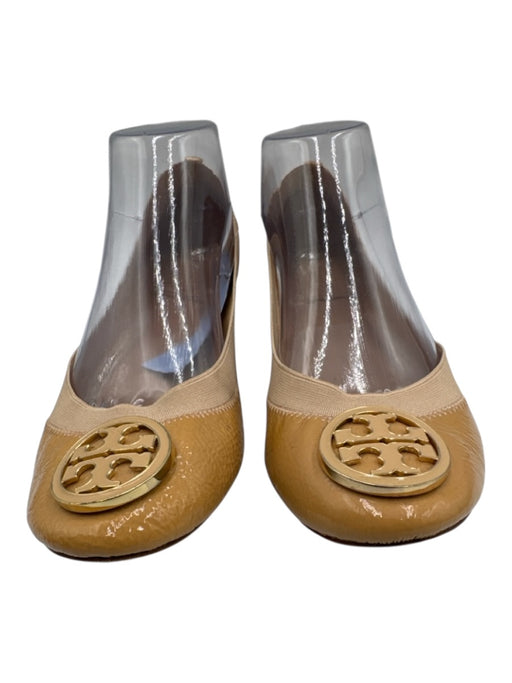 Tory Burch Shoe Size 8 Tan & Gold Patent Leather gold logo Round Toe Flats Tan & Gold / 8