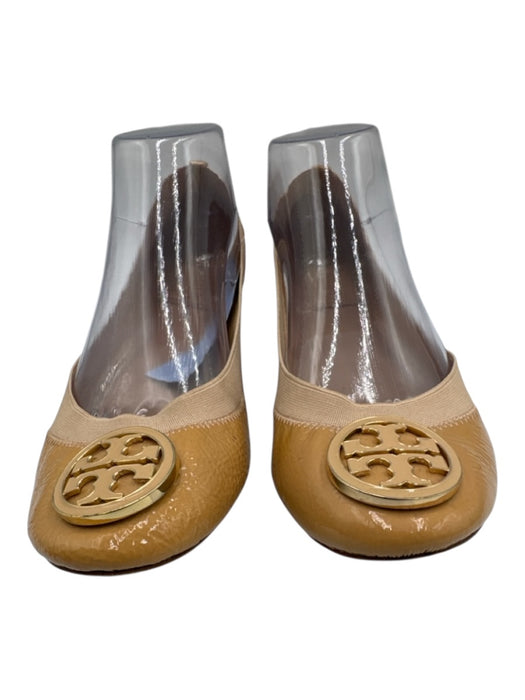 Tory Burch Shoe Size 8 Tan & Gold Patent Leather gold logo Round Toe Flats Tan & Gold / 8