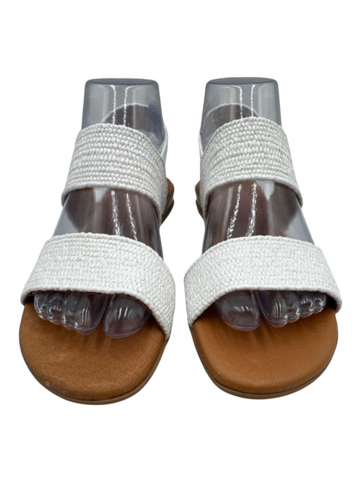 Andre Assous Shoe Size 8 white & tan Leather Raffia Straps Round Toe Sandals white & tan / 8