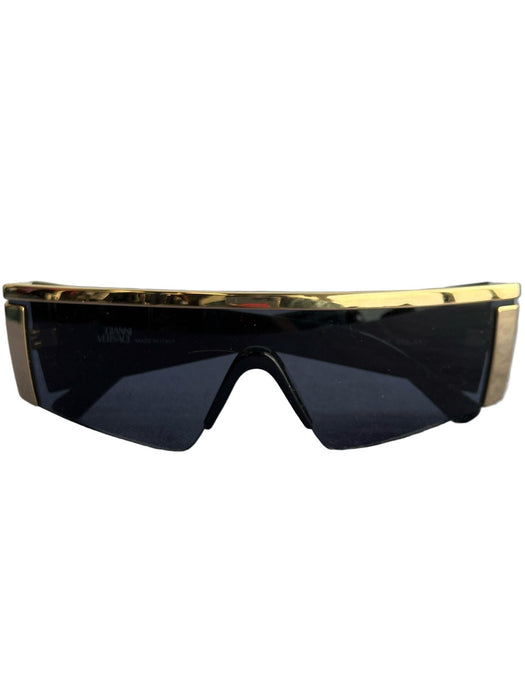 Versace Black & Gold Metal Black Lenses Gold Frame Shield Lens Sunglasses