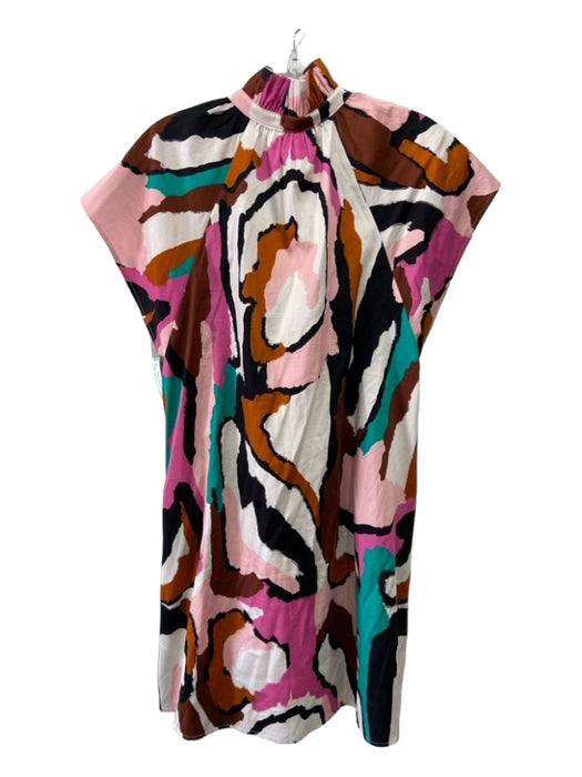 Crosby Size S White Brown & Multi Cotton Blend Abstract Ruffle Neckline Dress White Brown & Multi / S