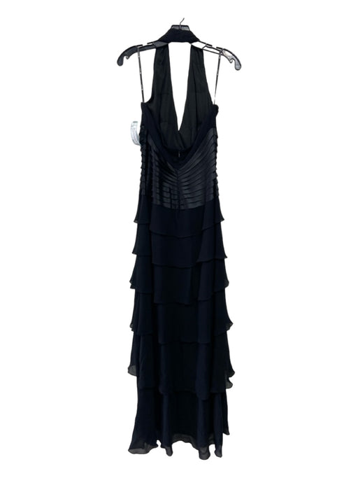 T Tadashi Size 8 Black Silk Halter Tiered Ruffle Detail Back Zip Gown Black / 8