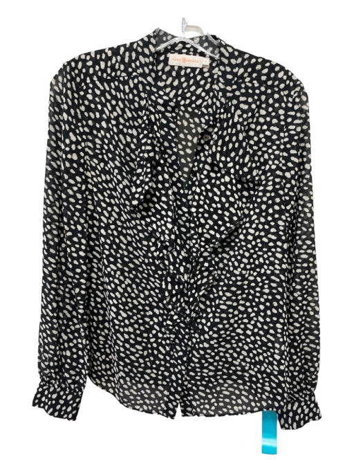 Tory Burch Size 4 Black & White Silk Speckled Long Sleeve Hidden Button Top Black & White / 4