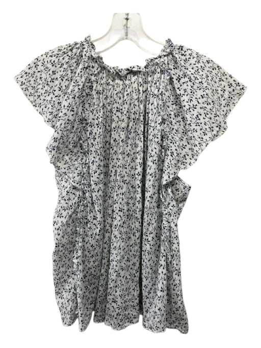 Ulla Johnson Size 4 White & Navy Blue Cotton V Neck Leaf Print Top White & Navy Blue / 4