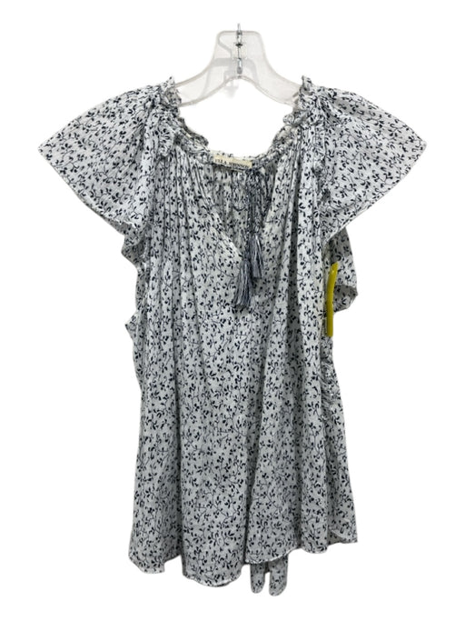 Ulla Johnson Size 4 White & Navy Blue Cotton V Neck Leaf Print Top White & Navy Blue / 4