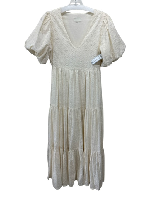 Mother Size XS Cream White Cotton Floral Eyelet V Neck Short Puff Sleeve Dress Cream White / XS