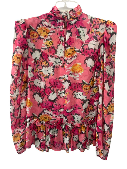 Saloni Size 2 Pink, White, Multi Silk Long Sleeve Ruffle Collar Sheer Top Pink, White, Multi / 2