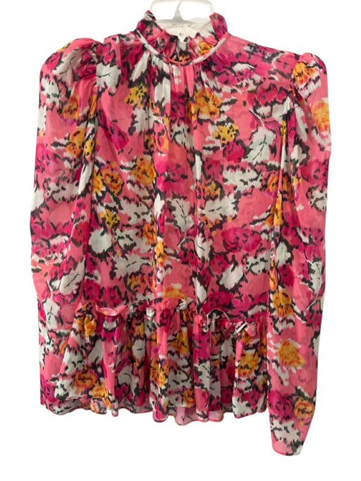 Saloni Size 2 Pink, White, Multi Silk Long Sleeve Ruffle Collar Sheer Top Pink, White, Multi / 2