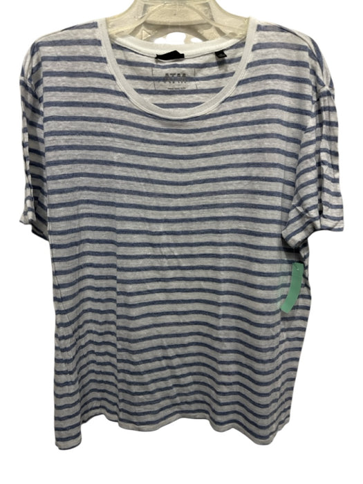 ATM Size XL White & Navy Linen Stripe Shirt Sleeve T Shirt Top White & Navy / XL