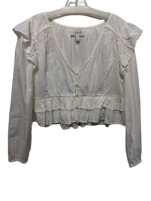 Cleobella Size M White Cotton V Neck Long Sleeve Buttons Ruffle Top White / M